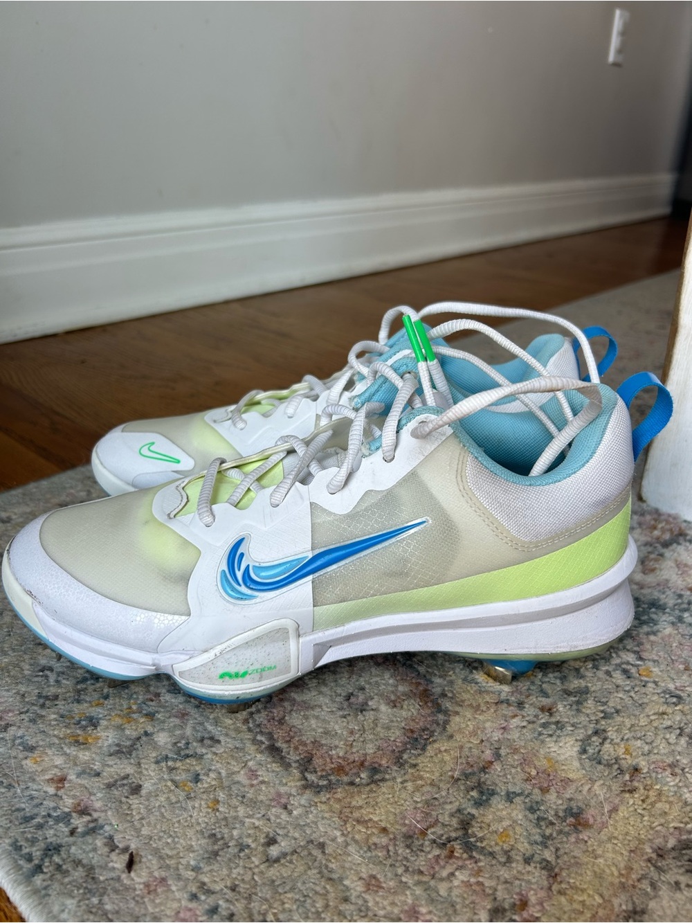Men’s Lightweight White & Blue Athletic Shoes with Lime Accent